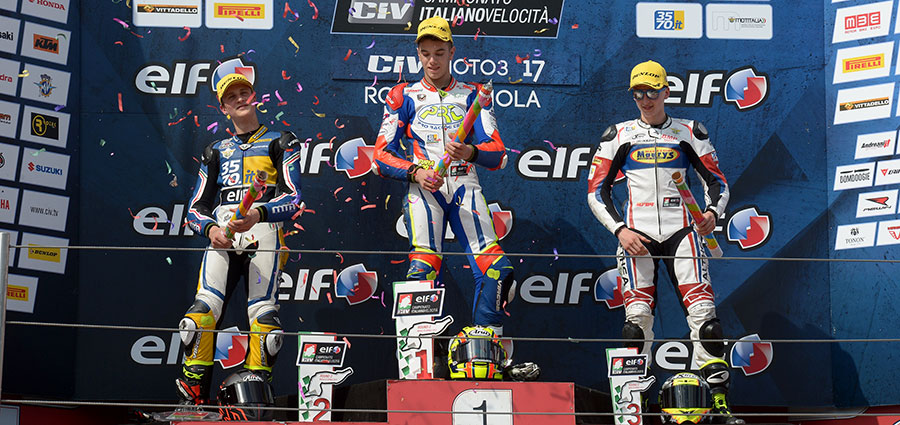 Il podio della gara domenicale di Moto3 con Spnelli, Sintoni e Zannoni