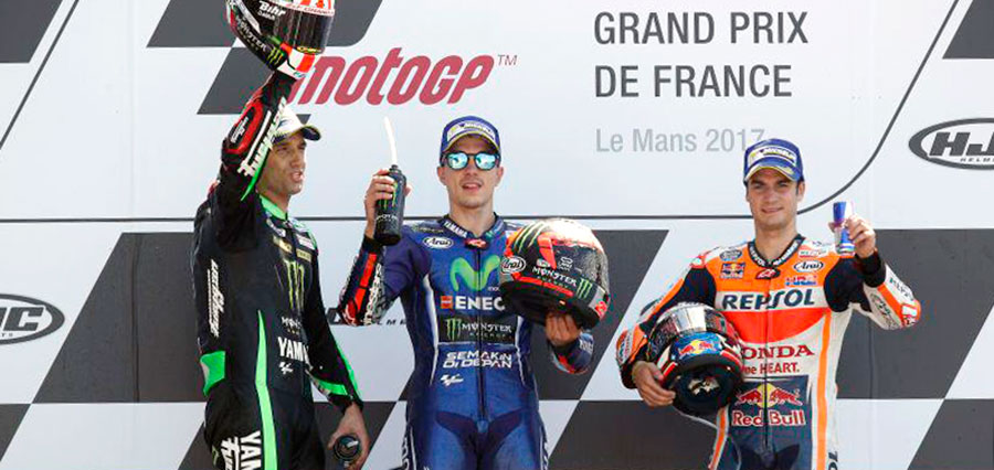 Il podio Moto GP di Le Mans con Vinales, Zarco e Pedrosa
