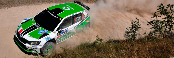 Umberto Scandola fa volare la Skoda Fabia R5 sugli sterrati del Rally San Marino