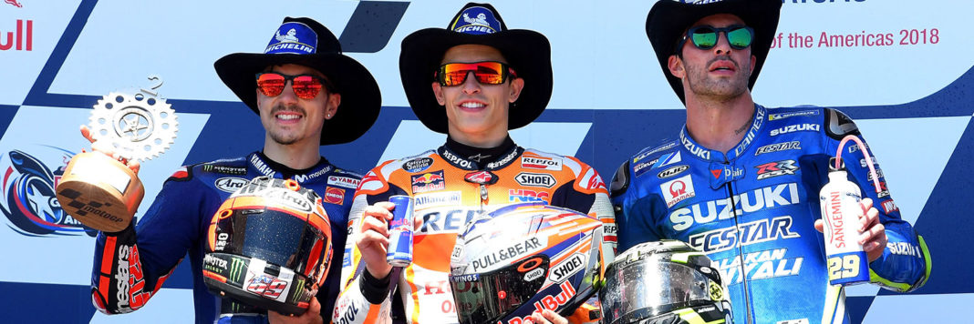 Il podio del Gran Premio d'America della MotoGP con Marc Marquez, Maverick Vinales e Andrea Iannone