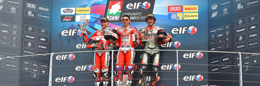 ELF-CIV-Mugello-SBK_Podio Pirro festeggia la doppietta in SBK con Ferrari e Mantovani Loris Betti - (Davide Bianchi - FotoAgenzia 31)